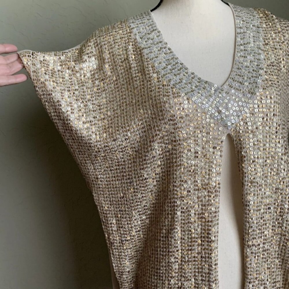 Chico’s Gold/Silver Sequin Embellished Poncho Cardigan Topper Vest Glam Sparkle - Picture 4 of 13